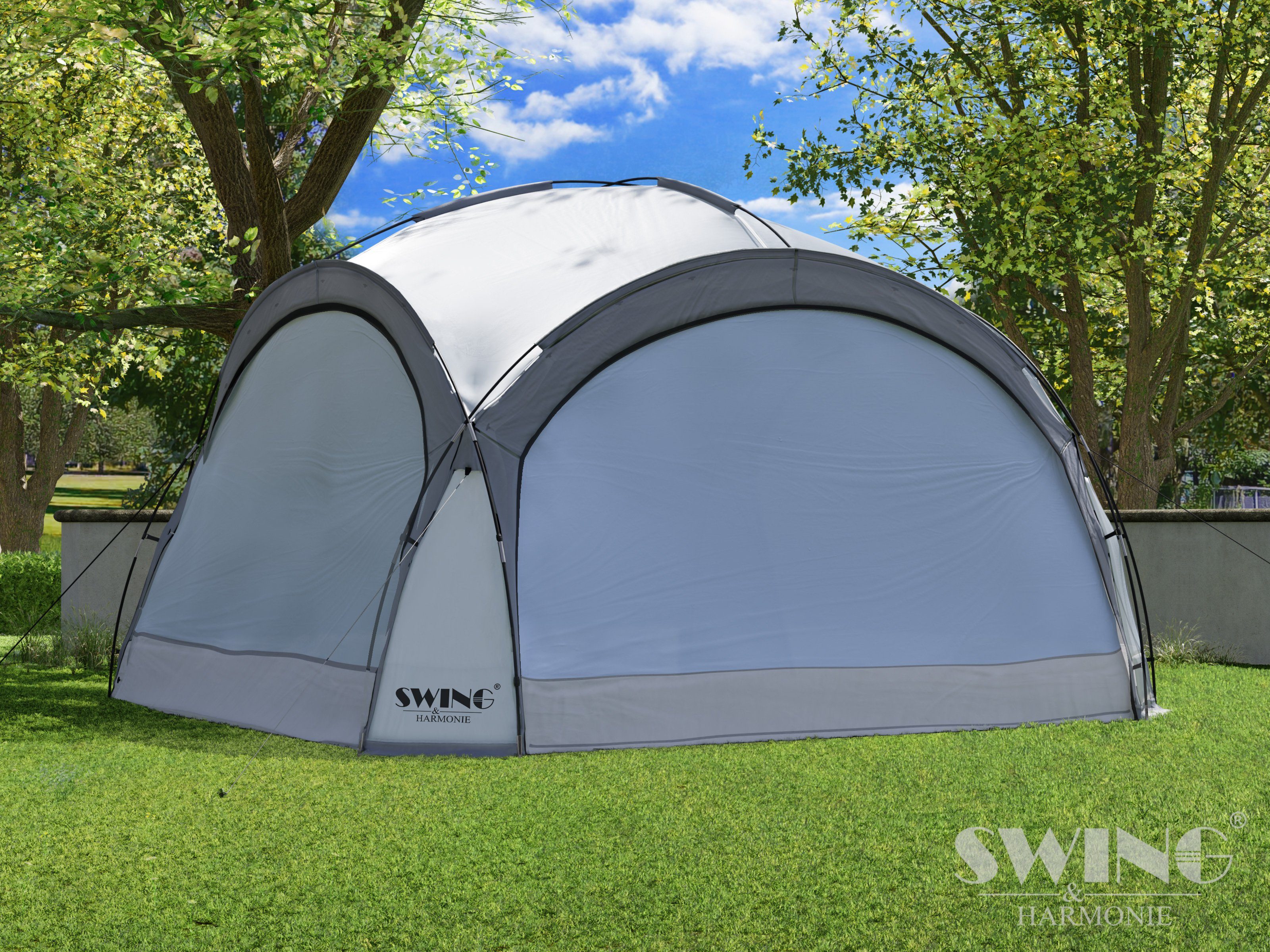 Swing&Harmonie Faltpavillon LED Event Pavillon XXL DomeShelter 450cm, inkl. Solarmodul Designer Gartenzelt mit Beleuchtung Camping Partyzelt