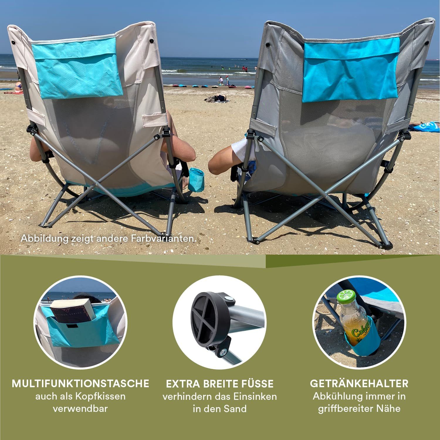 Skandika Campingstuhl SKANDIKA Strandstuhl Beach (grau), mit atmungsaktivem Mesh, Getränkehalter, niedrig
