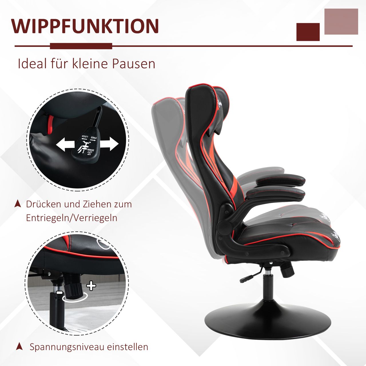 Vinsetto Gaming Stuhl ergonomischer Computerstuhl mit Wippfunktion Rot