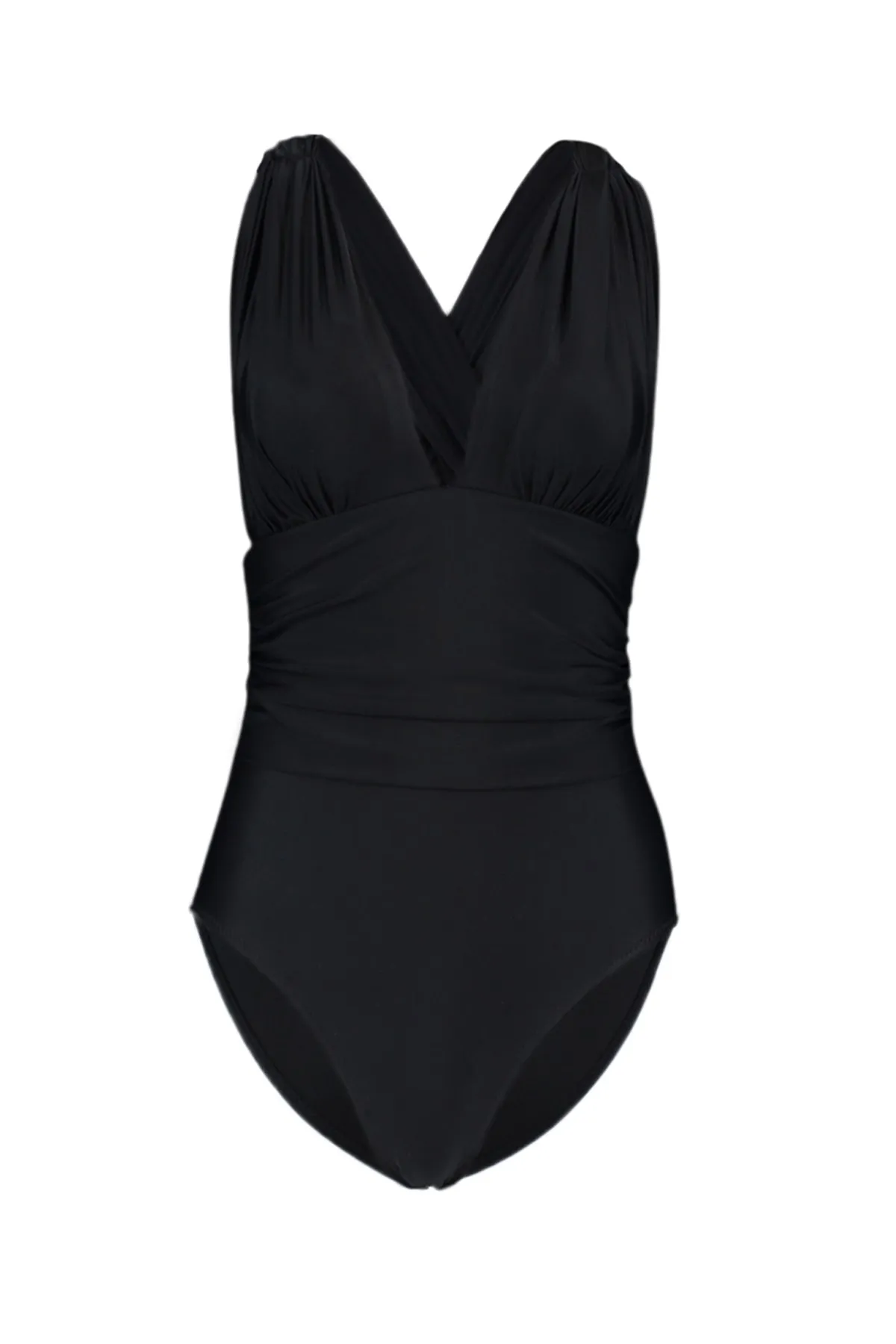 Trendyol Collection  Schwarzer, drapierter, normaler Badeanzug mit V-Ausschnitt TBESS20MA0294