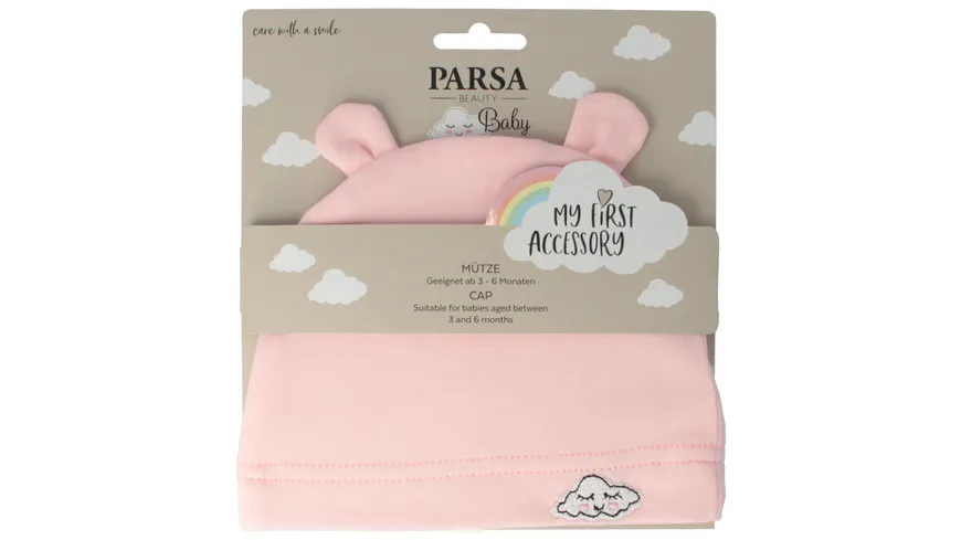 PARSA Beauty Baby Mütze mit Öhrchen und Wölkchenstickerei Rosa