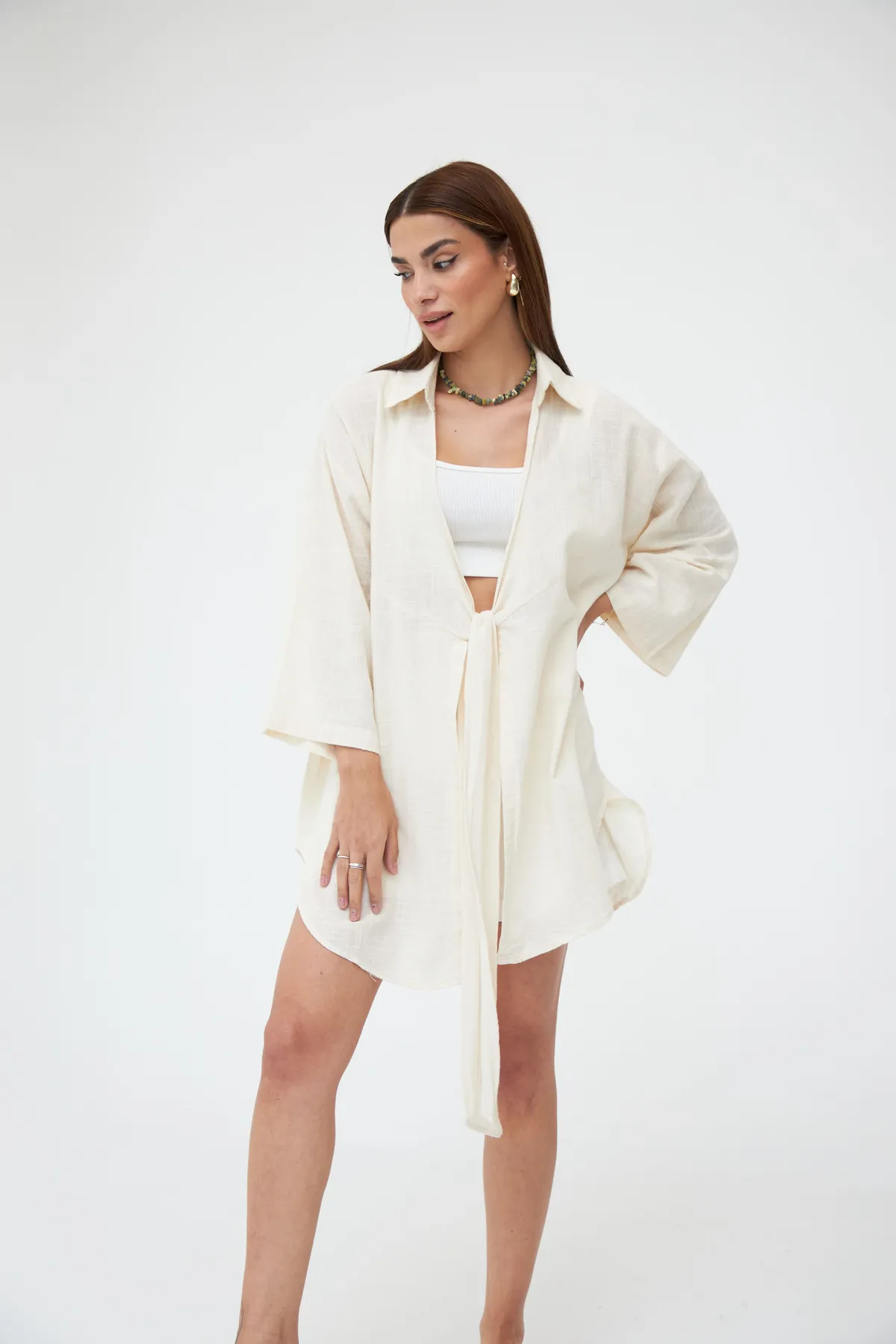 Laluvia  Steinfarbenes Flam-Leinen-Kimono-Shirt
