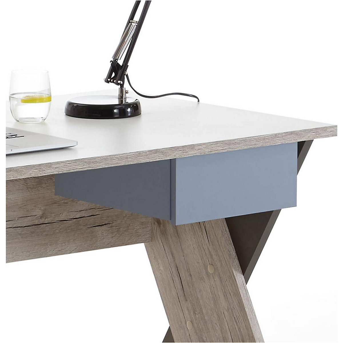 Schreibtisch LEEDS-10 Sandeiche Nb./weiß/Lava/Denim, B x H x T ca. 135 x 76,4 x 67,5 cm