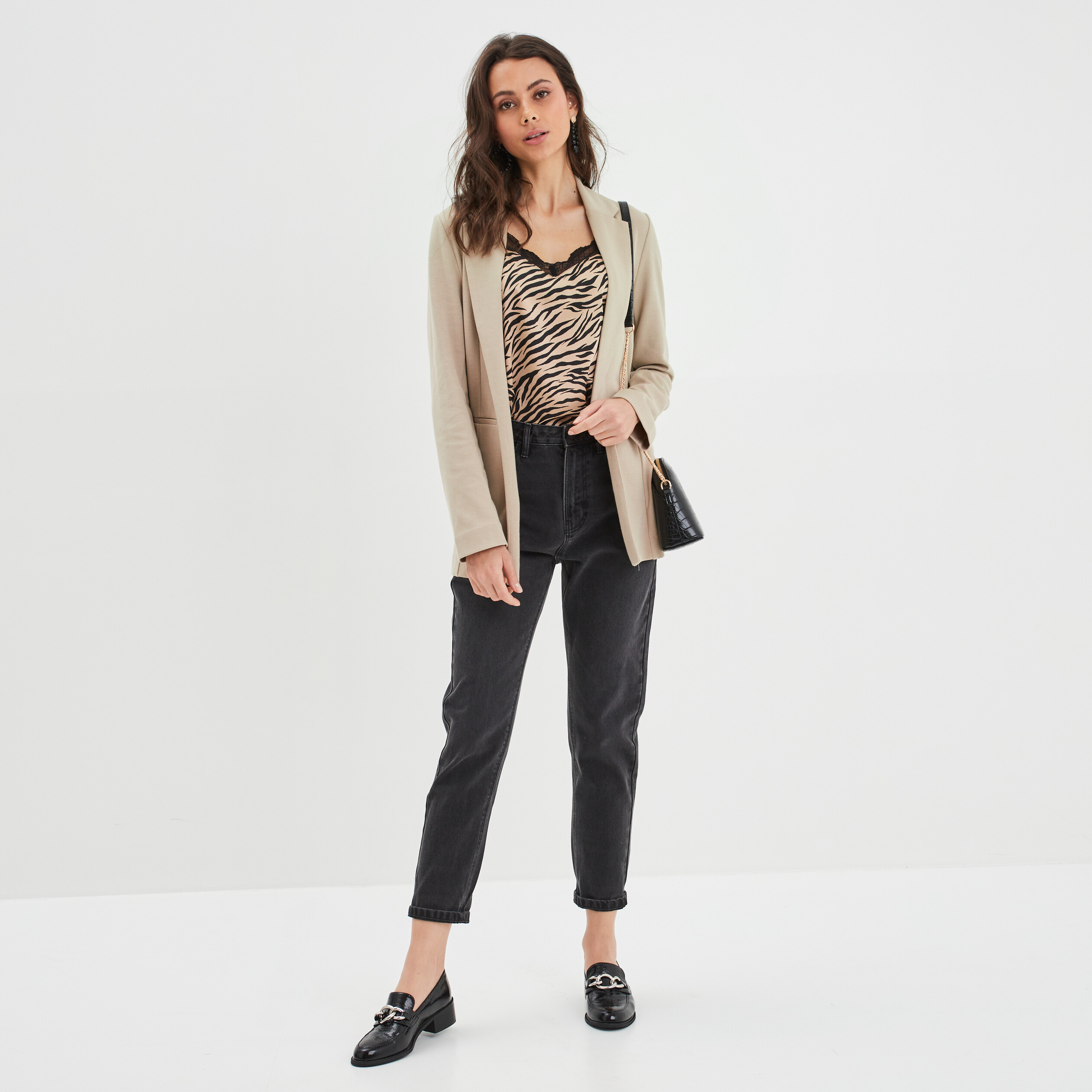 Jeans mom taille haute 7 8ème coton denim noir femme | La Halle