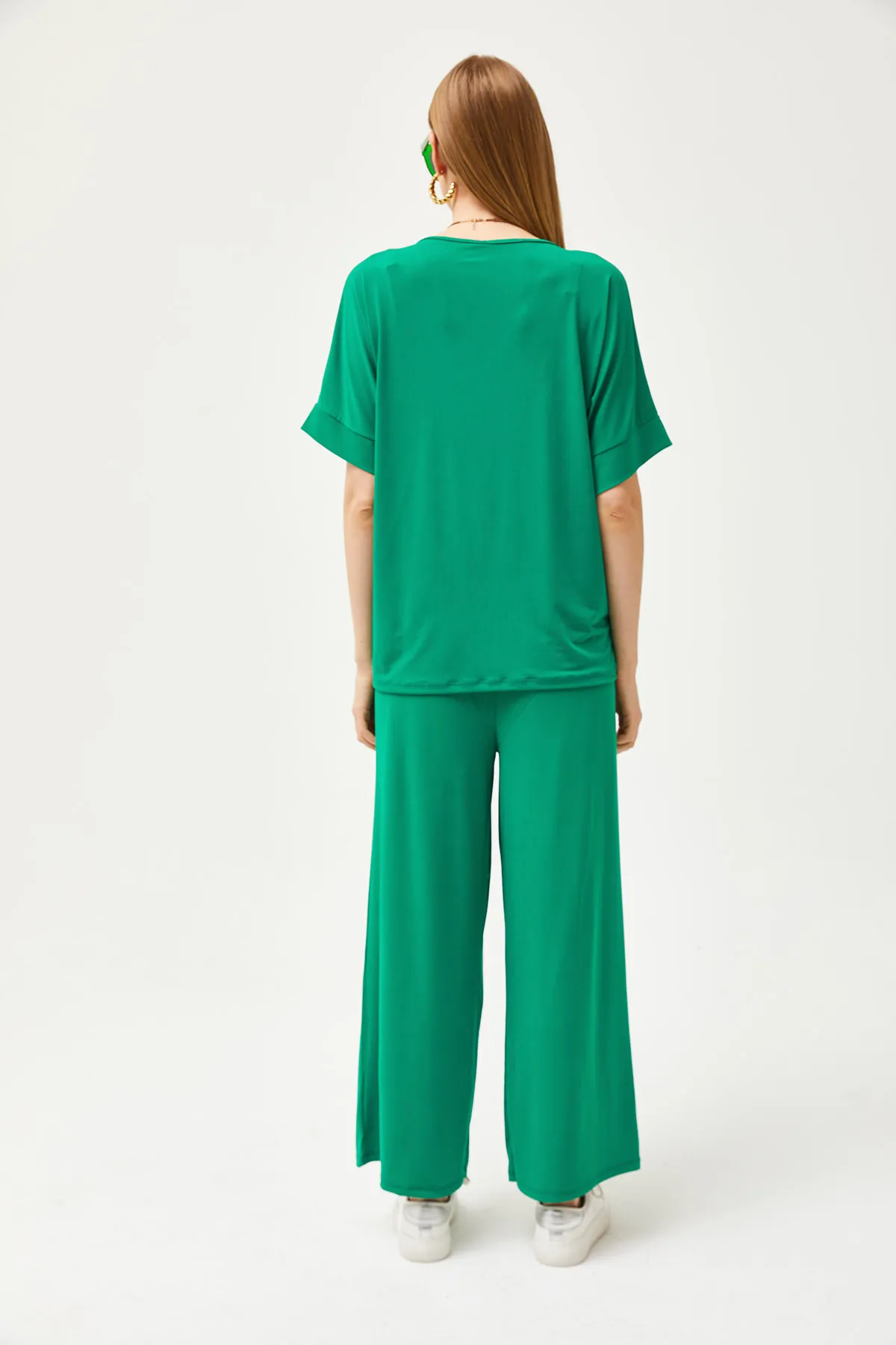 Olalook  Grünes Oberteil, Bluse, Unterteil, Palazzo, lockeres Strick-Set für Damen, TKM-19000267