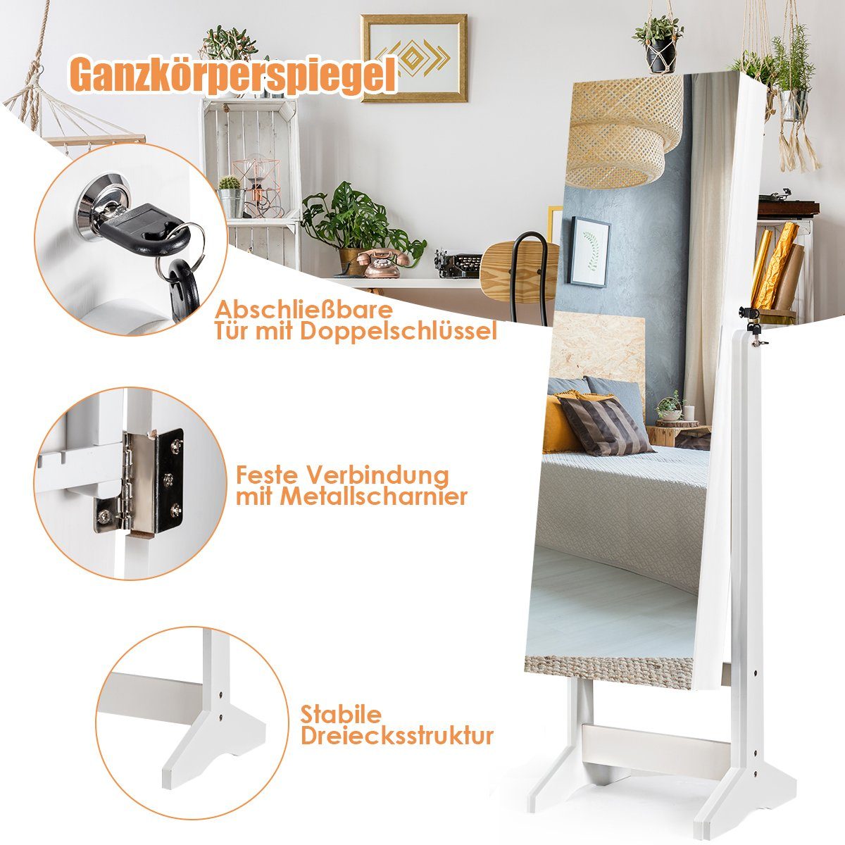 COSTWAY Schmuckschrank Ganzkörperspiegel, abschließbar&Neigungsverstellbar