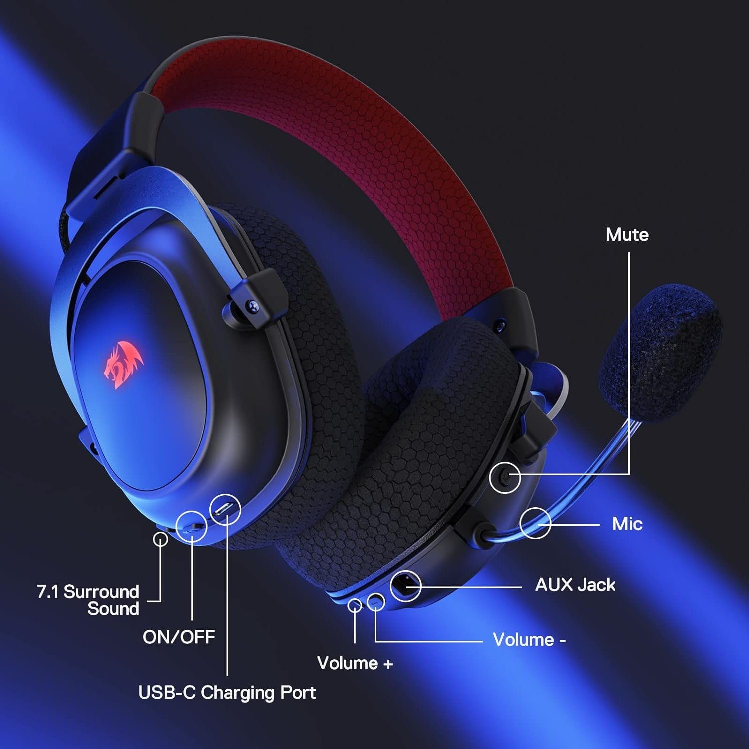 Redragon Redragon H510 Pro Geräuschunterdrückung RGB Kabelloses Gaming-Headset Gaming-Headset (Kabelgebubde, Wireless, Steuerung von Audio und Hintergrundbeleuchtung, 53-mm-Treiber)