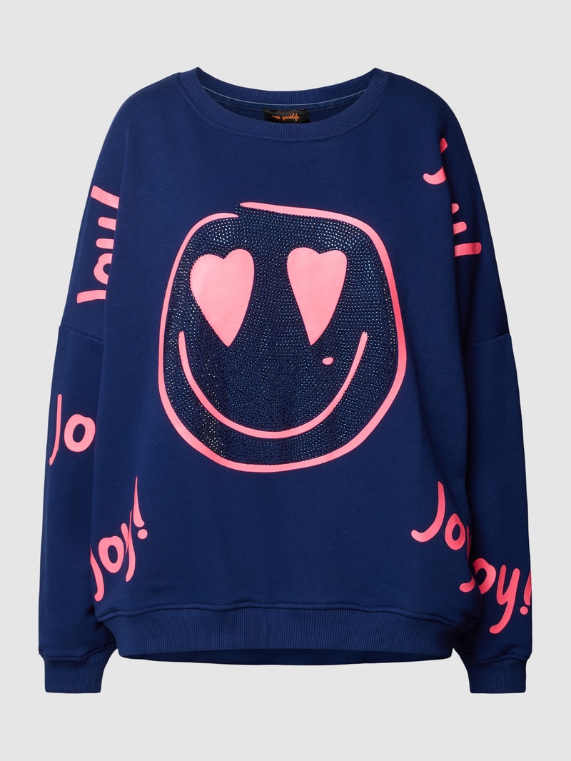Sweatshirt mit Strasssteinbesatz Modell 'JOY' in marineblau