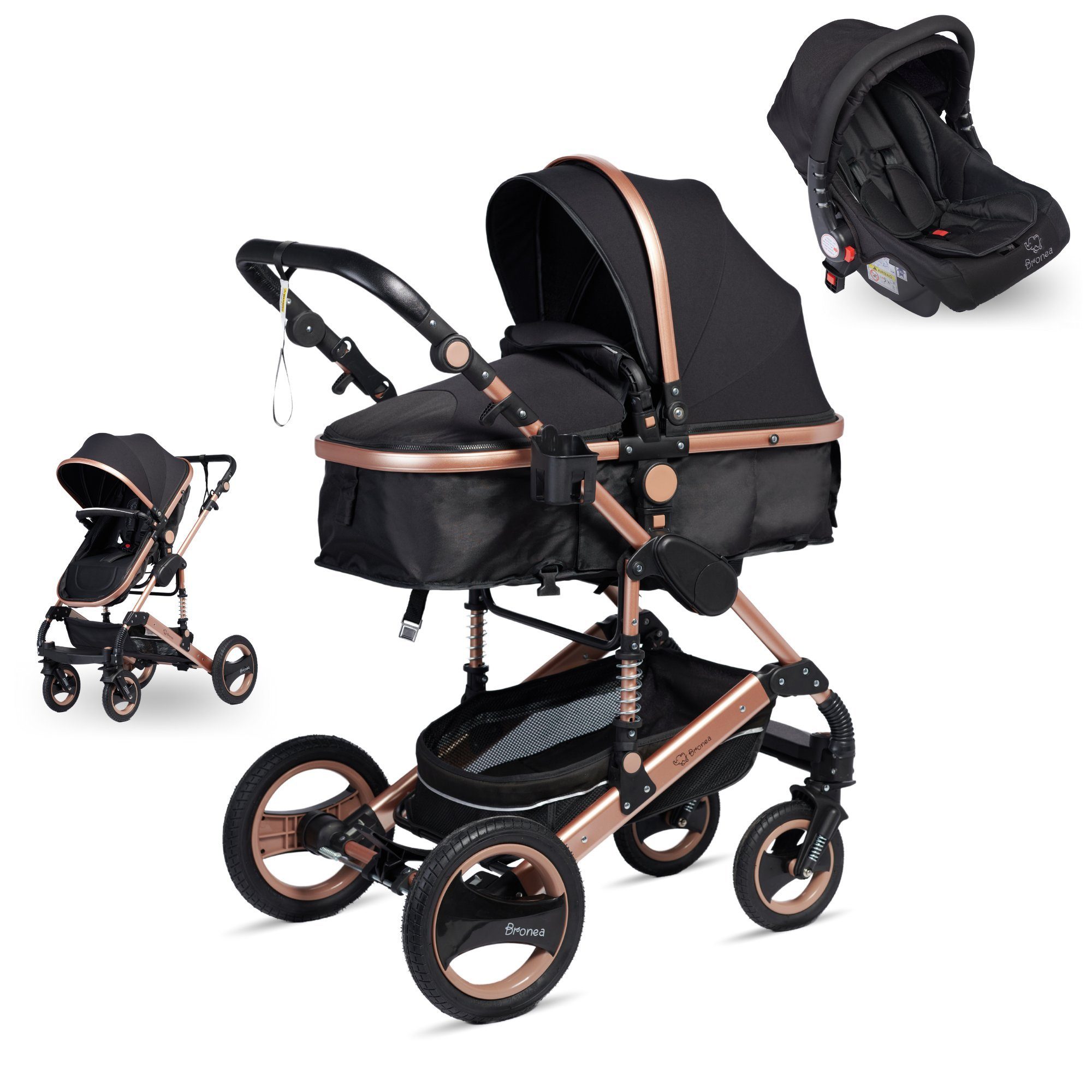 Bronea Kombi-Kinderwagen 3 in 1 Kinderwagen Set mit ISOFIX Station & Zubehör - Auto-Babyschale, (10, 10-tlg), große Räder - leicht klappbar - verstellbarer Fahrtrichtung - 0-25kg