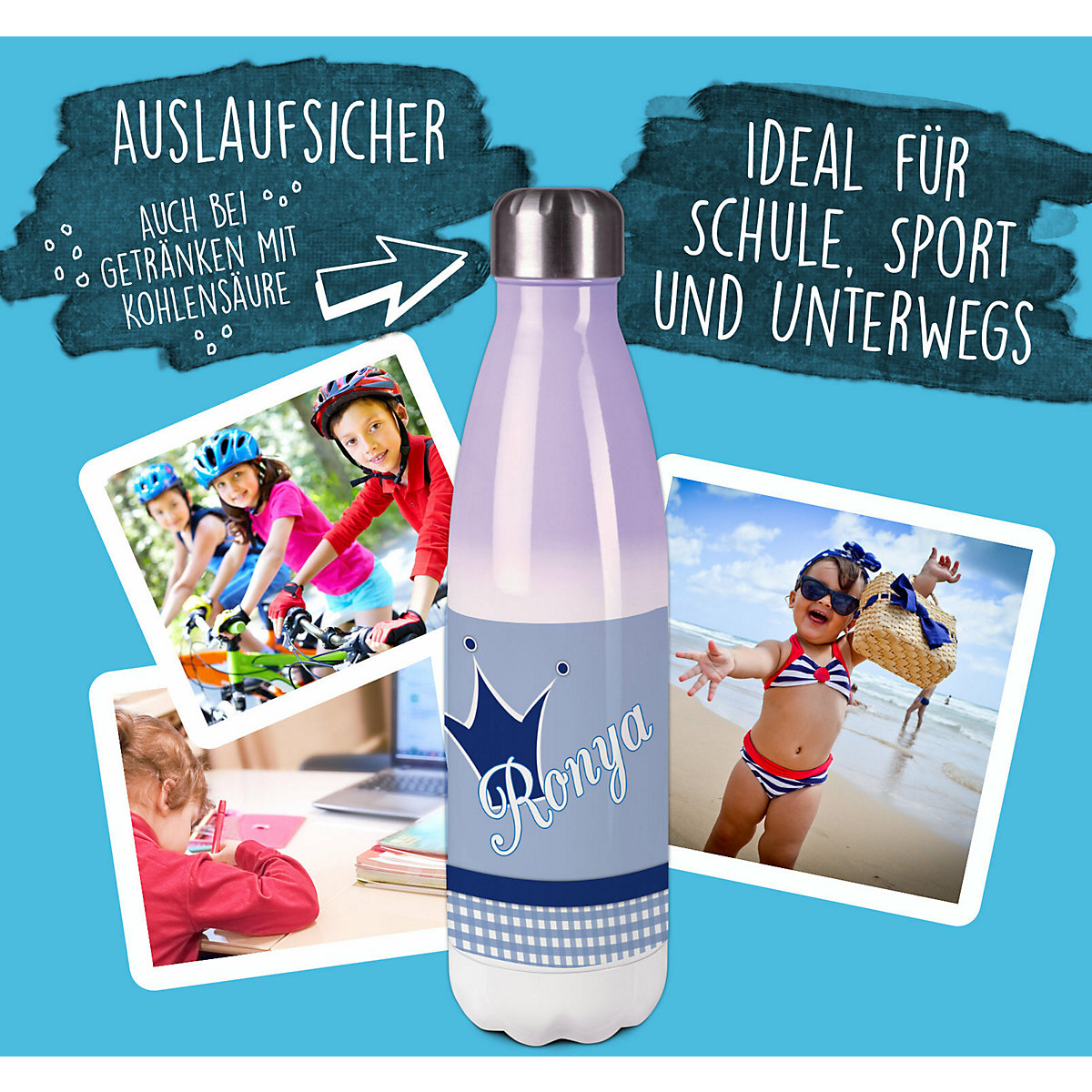 Edelstahl Kinder Thermoflasche / Trinkflasche bunt Krone Farbe blau Spülmaschinenfest, Auslaufsicher, Bruchfest, Doppelwandig, Für Heißgetränke geeignet, Mit Deckel, Isoliert