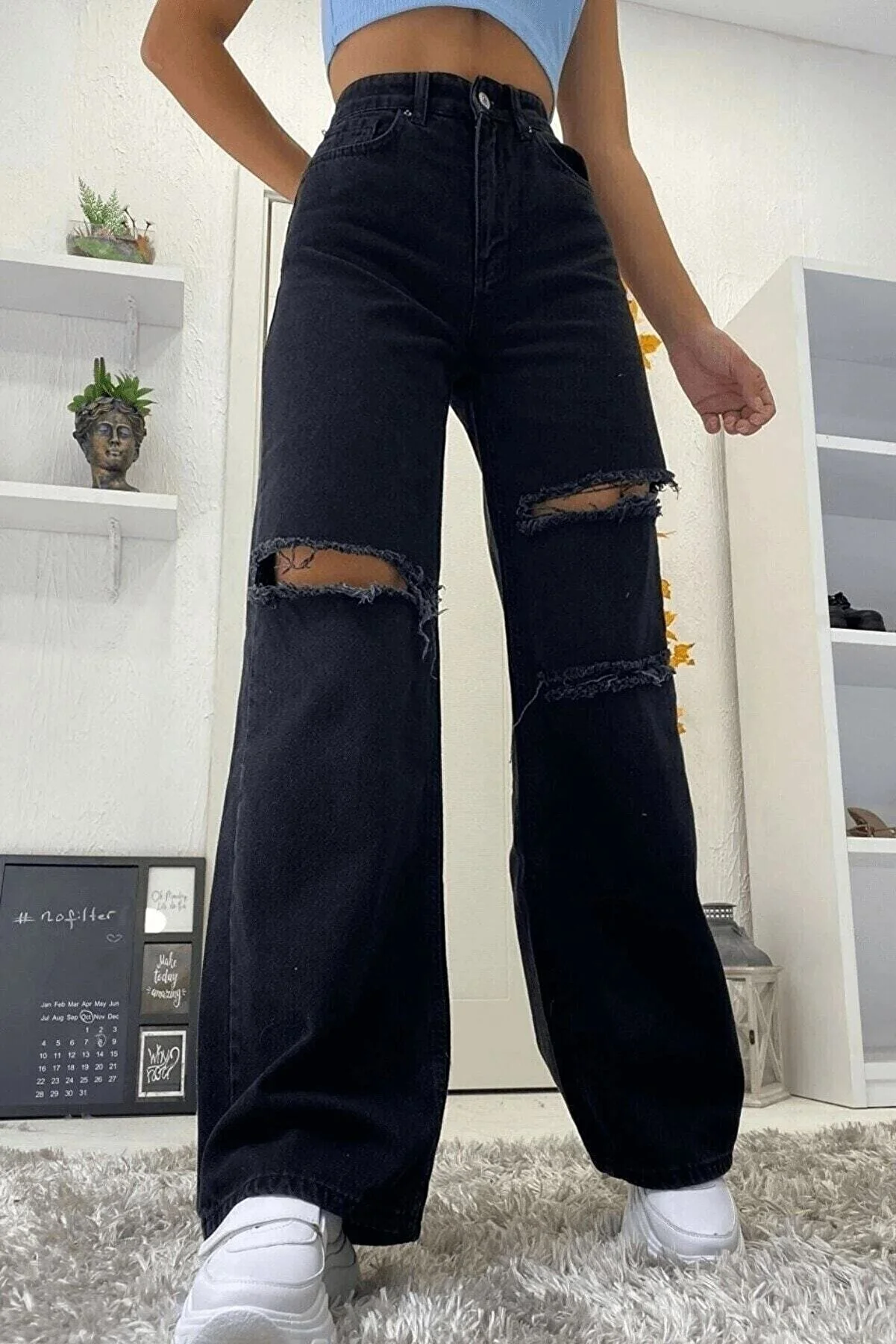 LİMABEL  Extra hohe farbechte schwarze zerrissene Palazzo-Jeans Schwarze zerrissene Lycra-String-Jeans