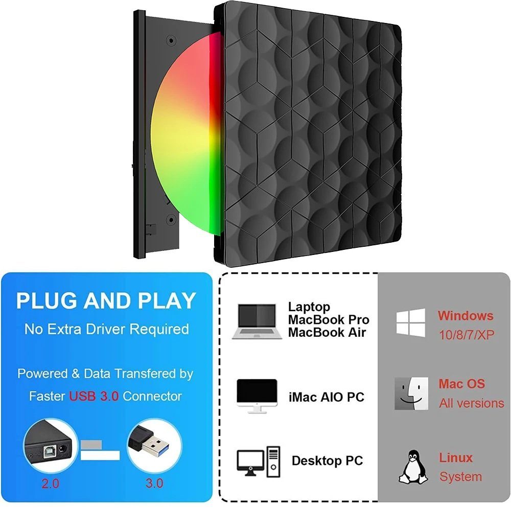 Daskoo Externe CD DVD Laufwerk, Portable Brenner mit USB 3.0 und Type-C externe HDD-Festplatte, DVD-Brenner