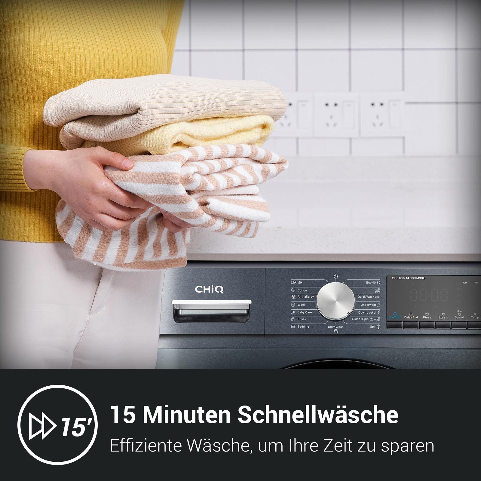 CHiQ Waschmaschine CFL80-14586IM3XB, 8 kg, 1400 U/min, Inverter-Motor, Dampfwäsche, Schnellreinigung, Kindersicherung