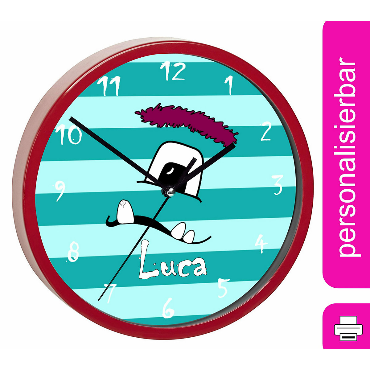 Kinder Wanduhr personalisiert mit Name Monster Streifen türkis