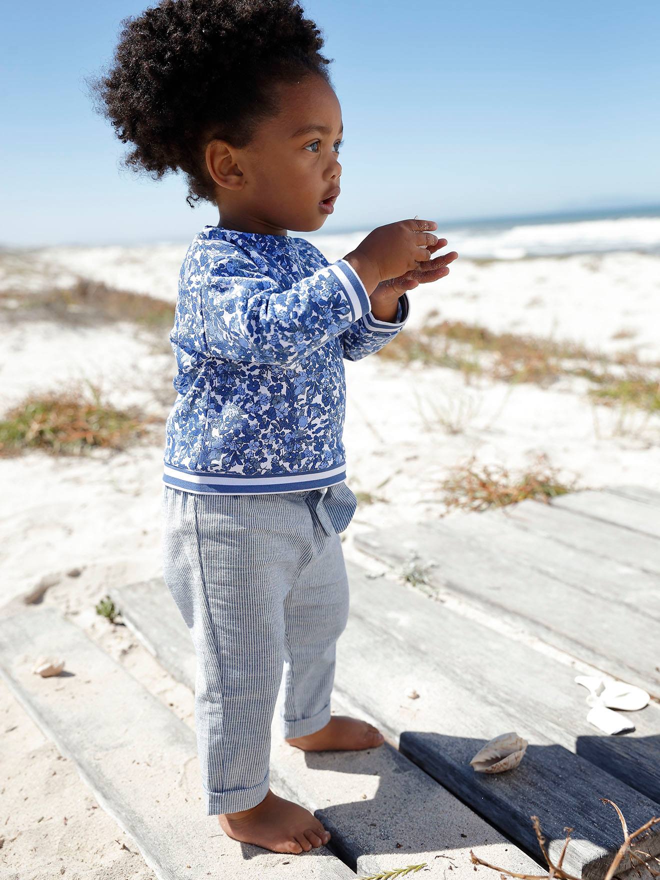 Pantalon bébé fille rayé à taille élastiquée bleu électrique