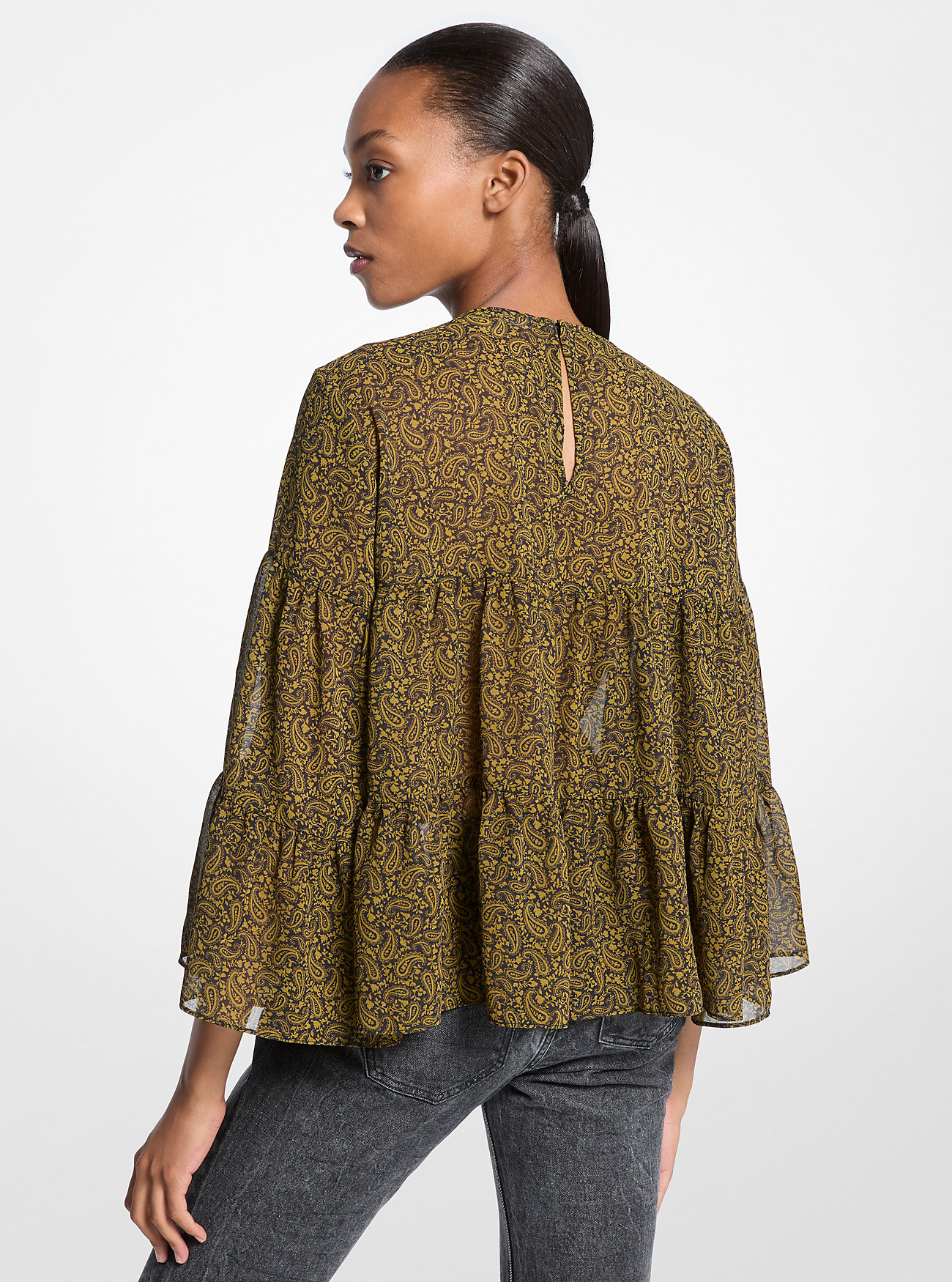 Paisley-trykk Georgette-bluse med lagdeler - PISTACHIO