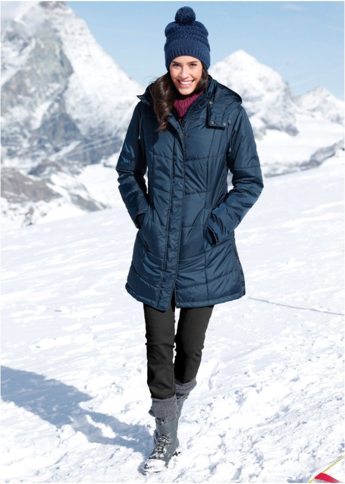 Long-Steppjacke, wattiert mit Kragen und Kapuze
