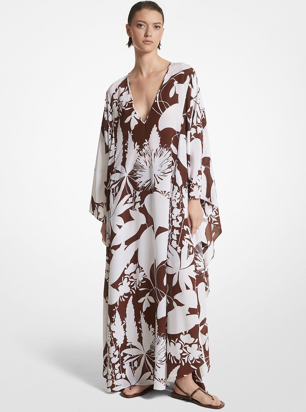 Shadow Floral Silk Crepe De Chine Caftan - NUTMEG/OPTIC WHITE