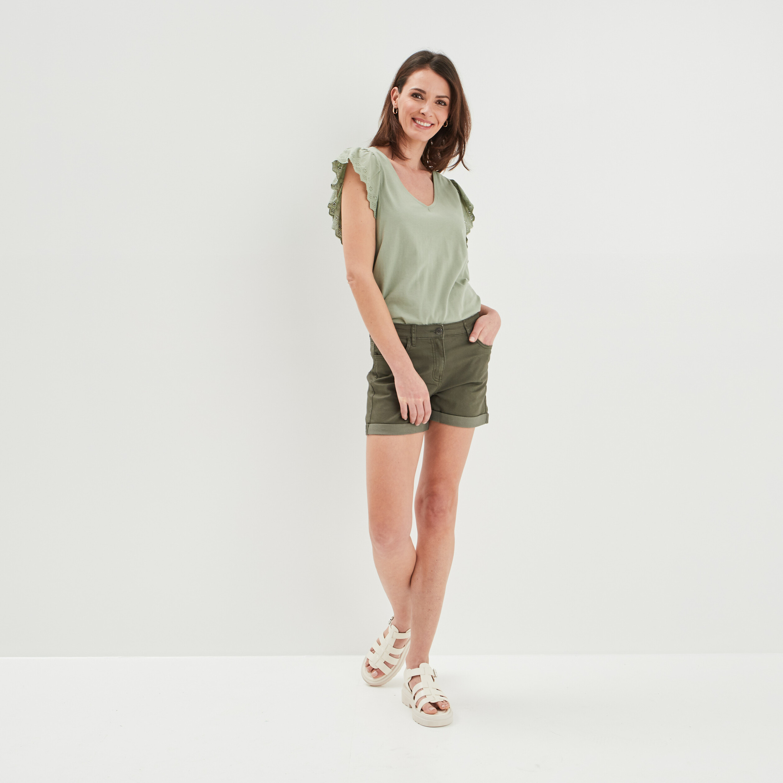 T-shirt manches courtes volantées vert kaki femme | La Halle