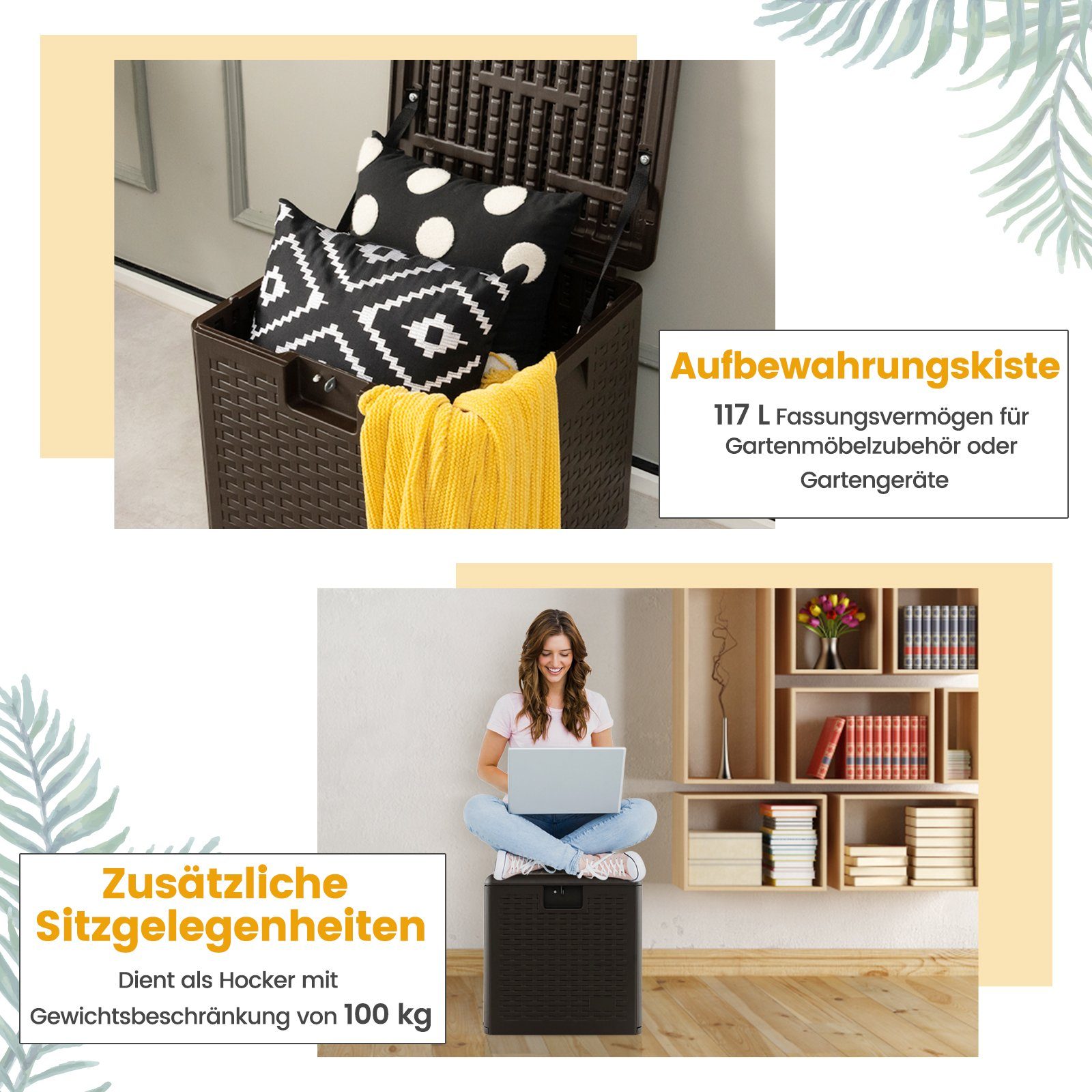 COSTWAY Auflagenbox Truhe, 106 L, abschließbar, 52 x 51 x 51 cm