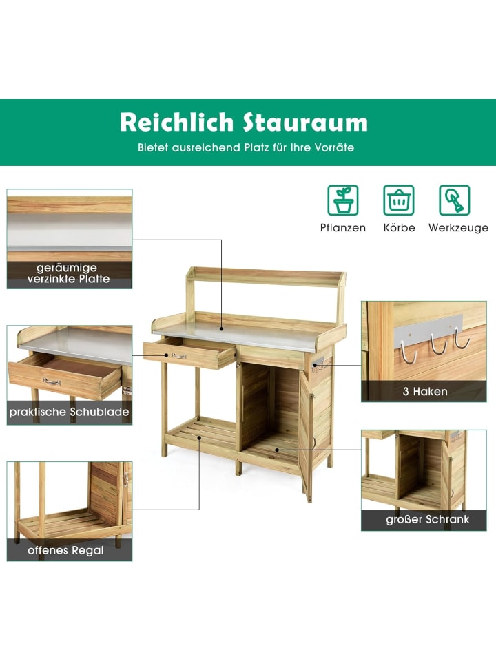 COSTWAY Pflanztisch mit Schubladen & Unterschrank in Hellbraun günstig kaufen onesize