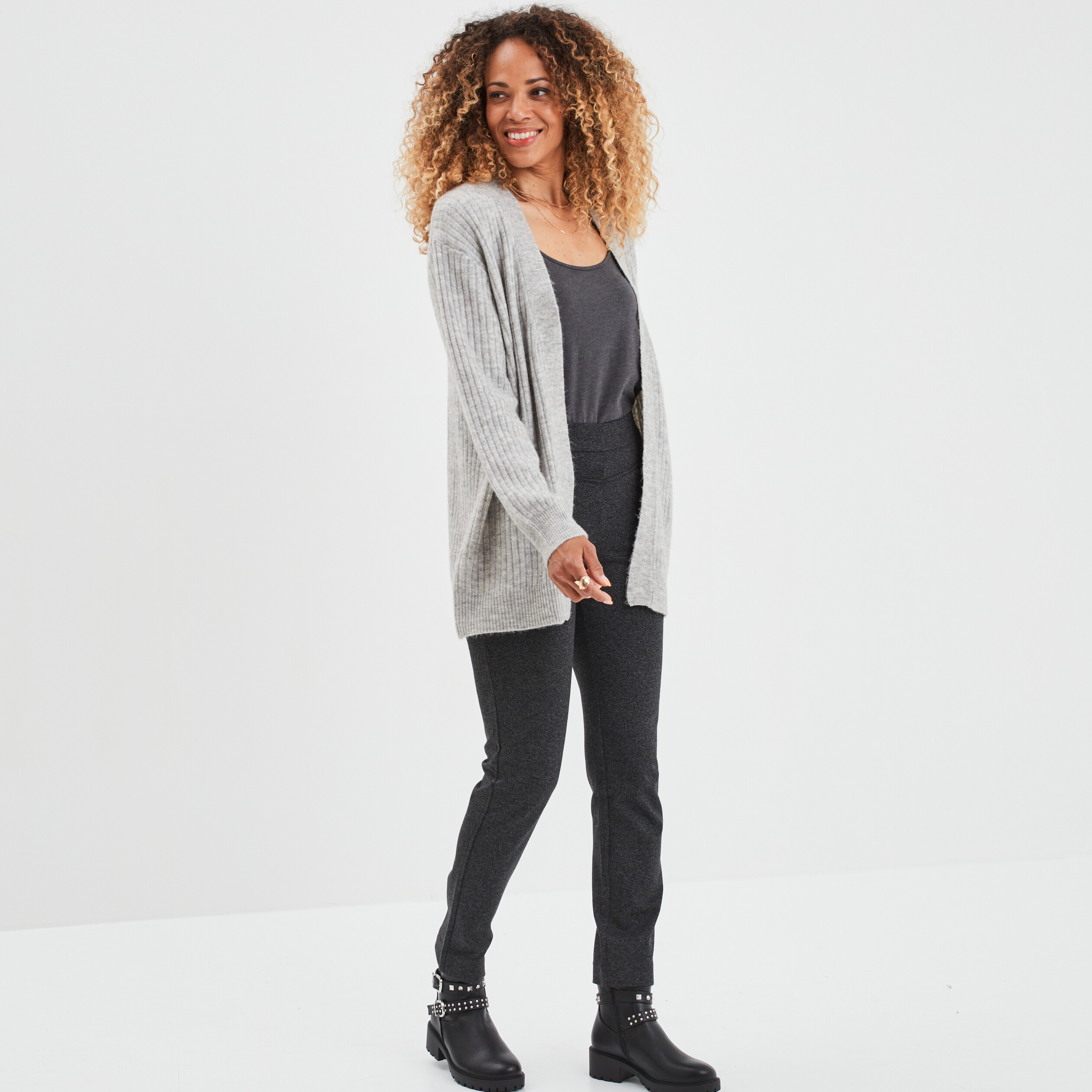 Gilet mi-long côtelé manches longues gris clair femme | La Halle