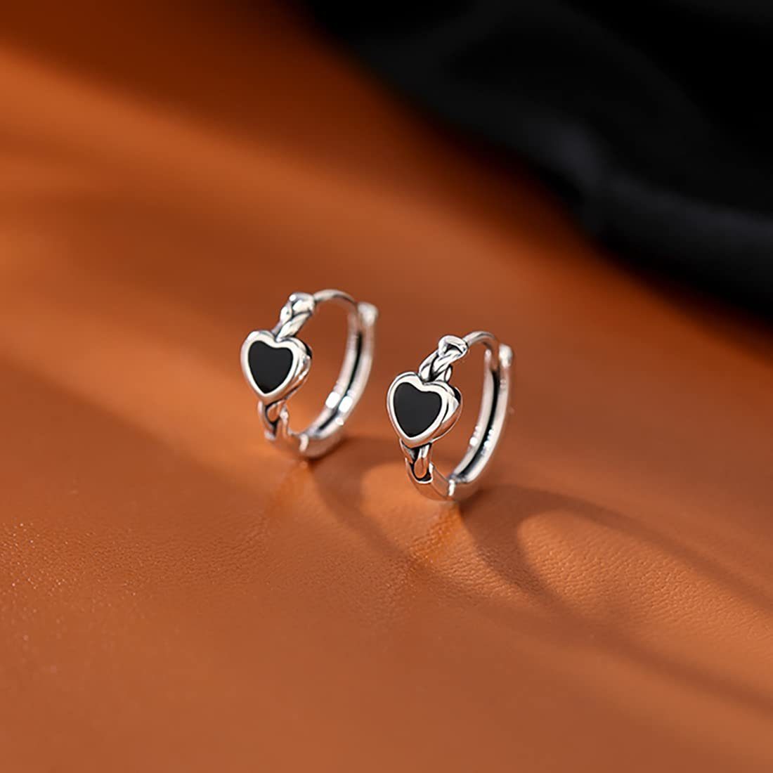 POCHUMIDUU Paar Ohrhänger 925 Sterling Silber Schwarz Herz Huggie Hoop Ohrringe (2-tlg., Retro Kleine Ohrringe Knorpel Helix Ohrringe), für Frauen Teenager Mädchen