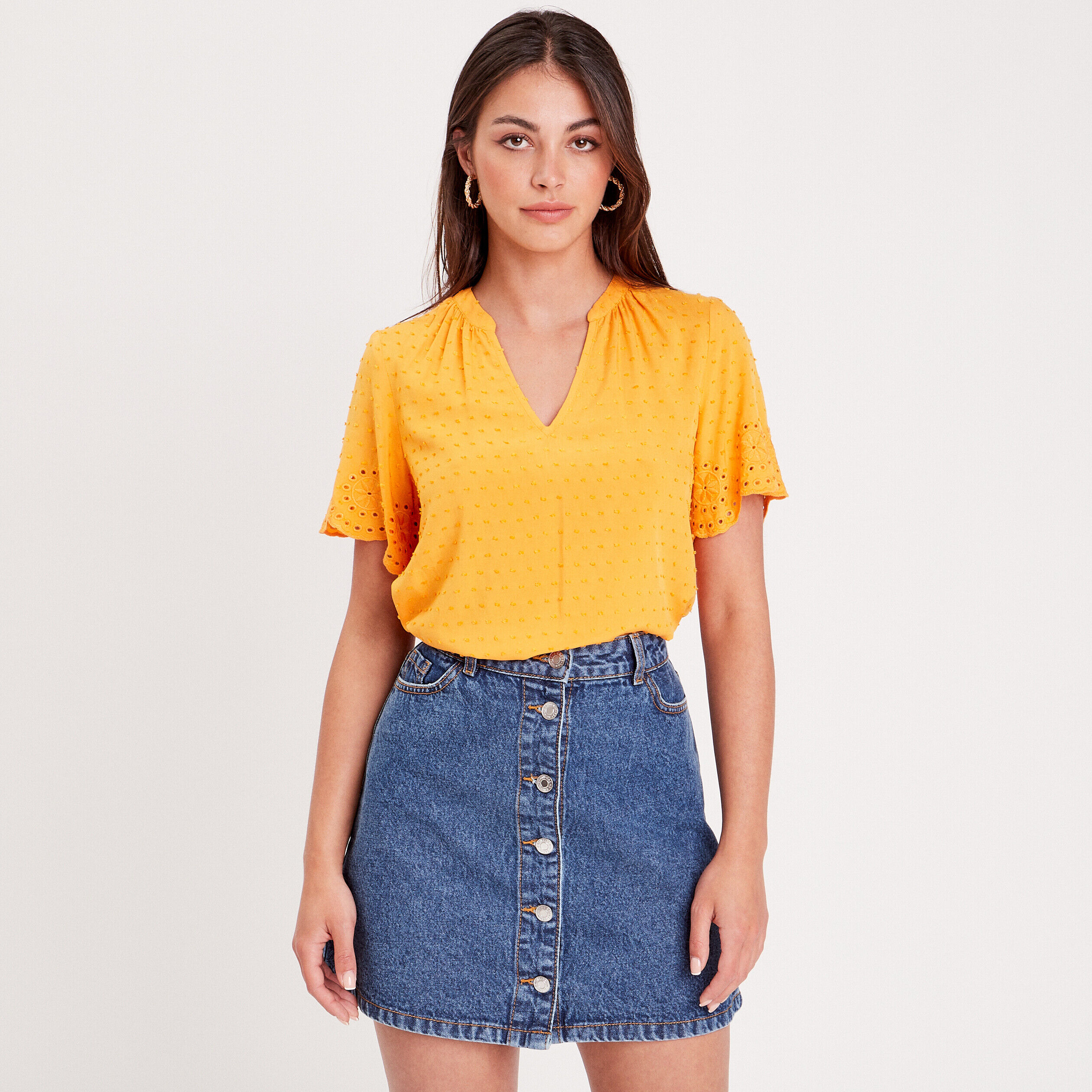 Blouse manches broderie orange clair femme | Cache Cache