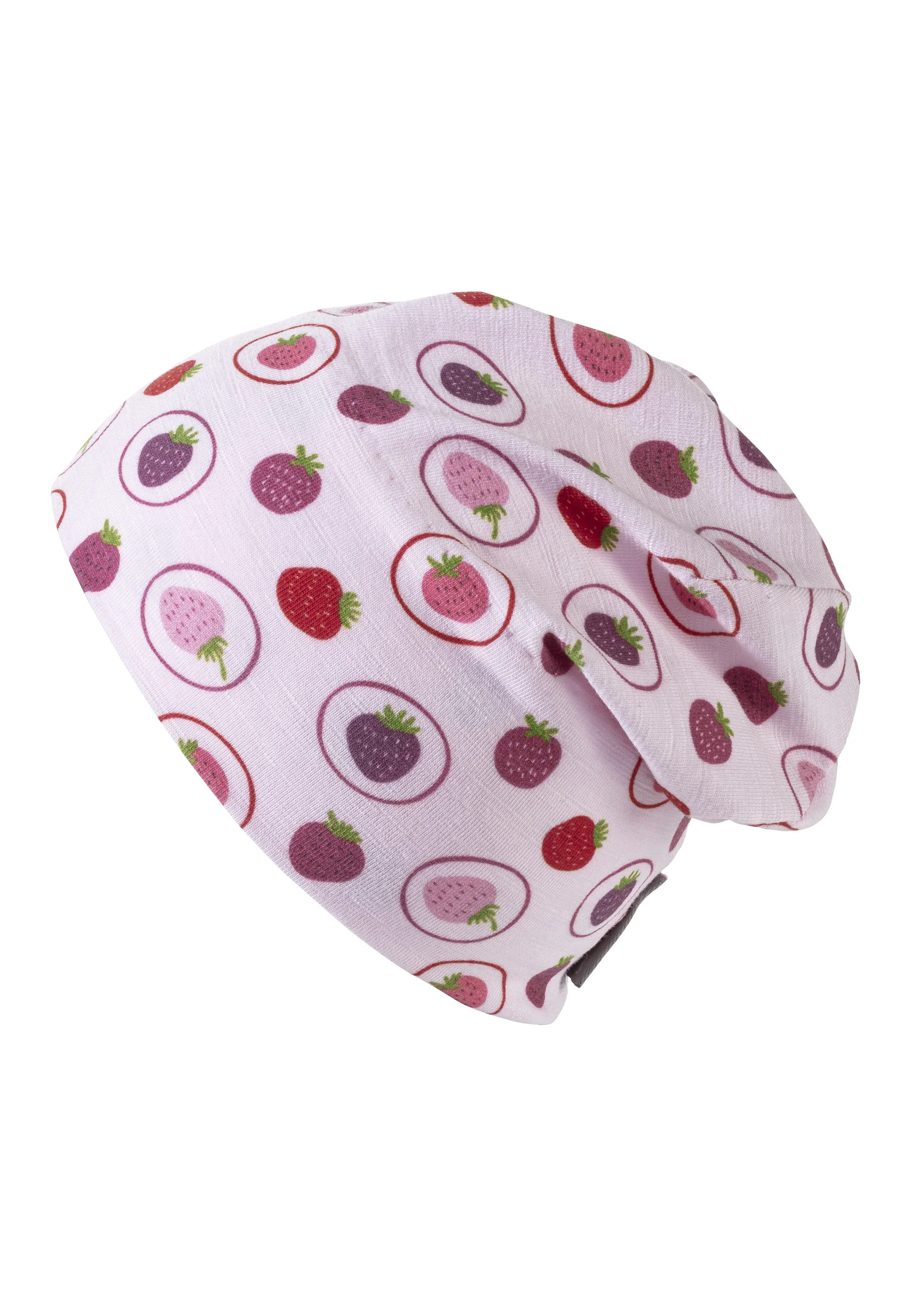 Beanie bedruckt mit vielen kleinen Erdbeeren in rosa