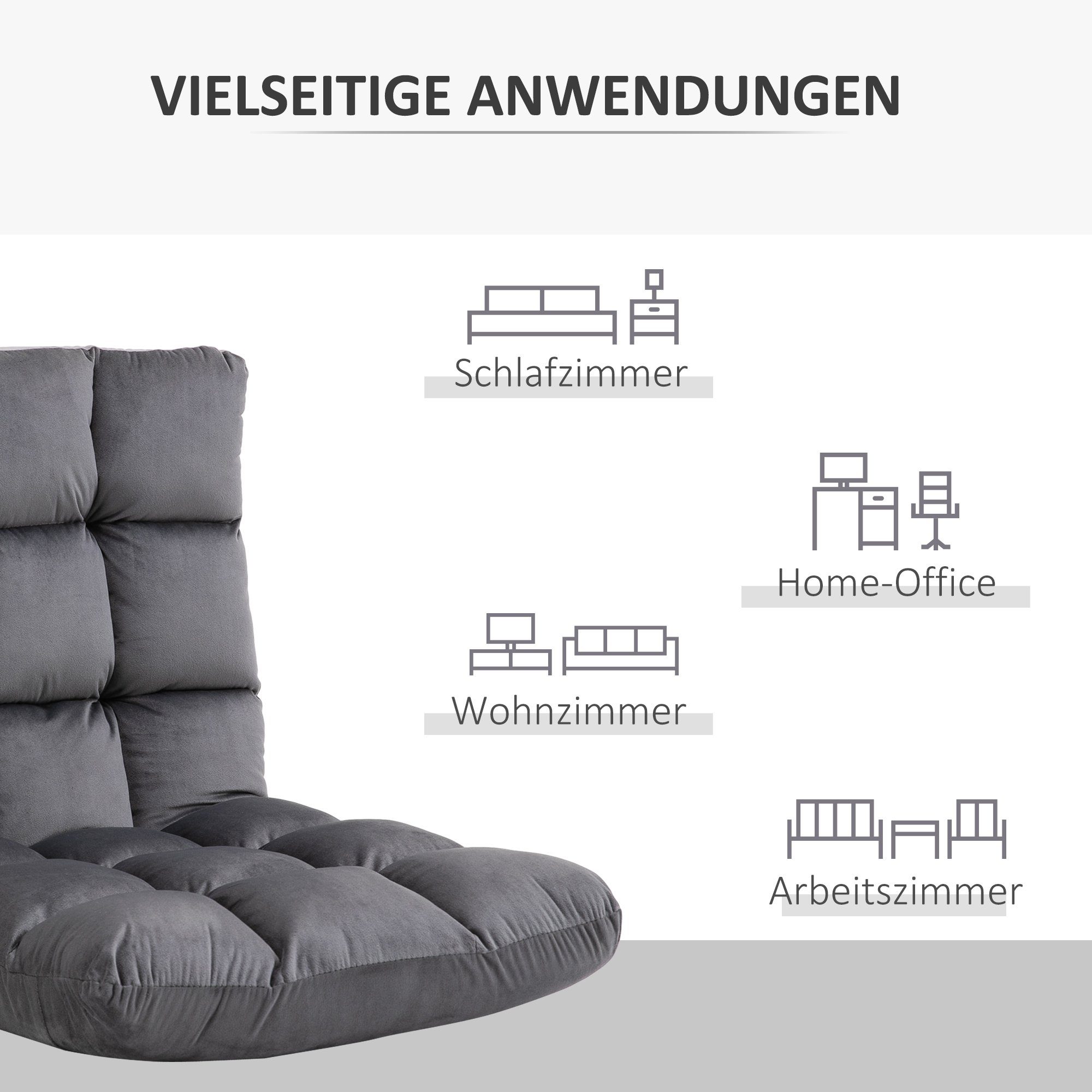 HOMCOM Sitzkissen Bodenstuhl 2-in-1 Klappbar Bodensessel mit Rückenlehne, Metall Schaumstoff Dunkelgrau 55 x 71 x 53,5 cm