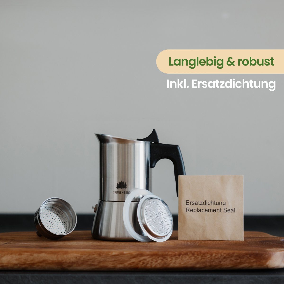GRØNENBERG Espressokocher Edelstahl Espressokanne 1-2 Tassen, 0.1l Kaffeekanne, Inkl. Ersatz-Dichtung, Unbeschichtet & frei von Aluminium