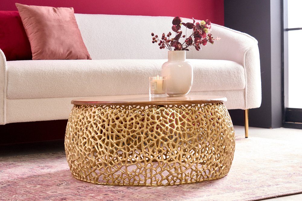 riess-ambiente Couchtisch ABSTRACT LEAF Ø75cm gold / braun (Einzelartikel, 1-St), Wohnzimmer · Massivholz · Metall · rund · handmade · Modern Design