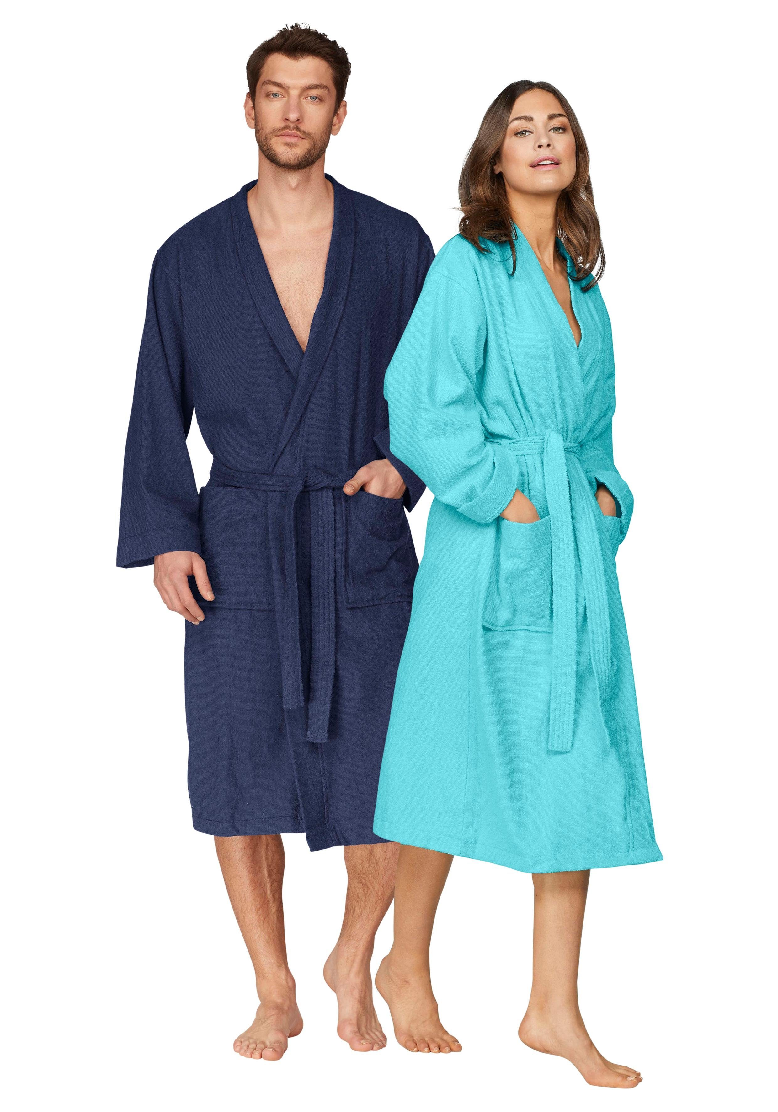 my home Unisex-Bademantel Travel, Langform, Leichtfrottee, Kimono-Kragen, Gürtel, für Damen & Herren, leichte Qualität, langer Bademantel, S-3XL