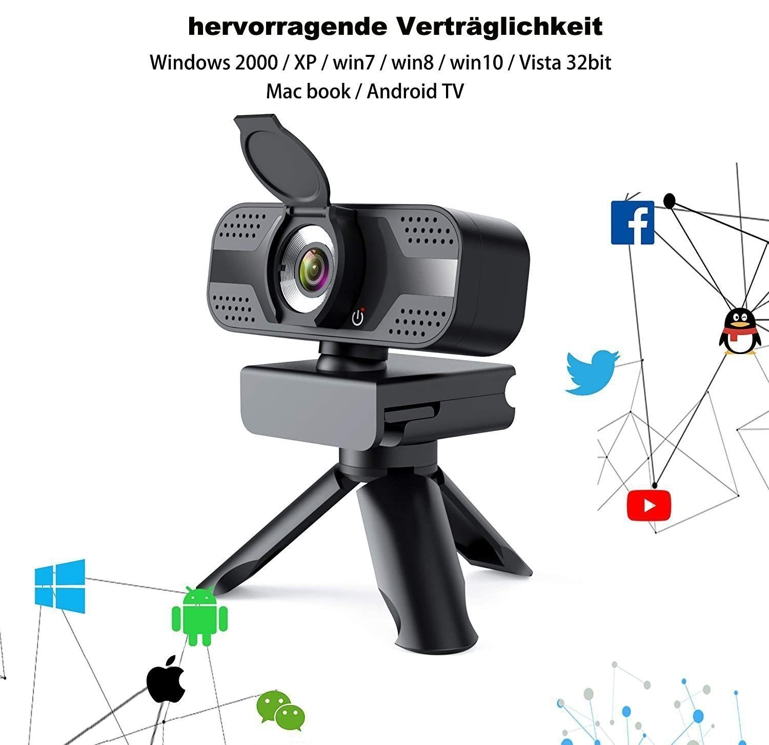 Mutoy 1080P Webcam mit Mikrofon und Ringlicht, Full HD Facecam Full HD-Webcam (HD, WLAN (Wi-Fi), Live-Streaming Webcam mit Stativ 360°für PC/MAC/Desktop, USB Kamera Web Cam für YouTube,Skype,Xbox(Weiß/Warmes Licht)-notfall)