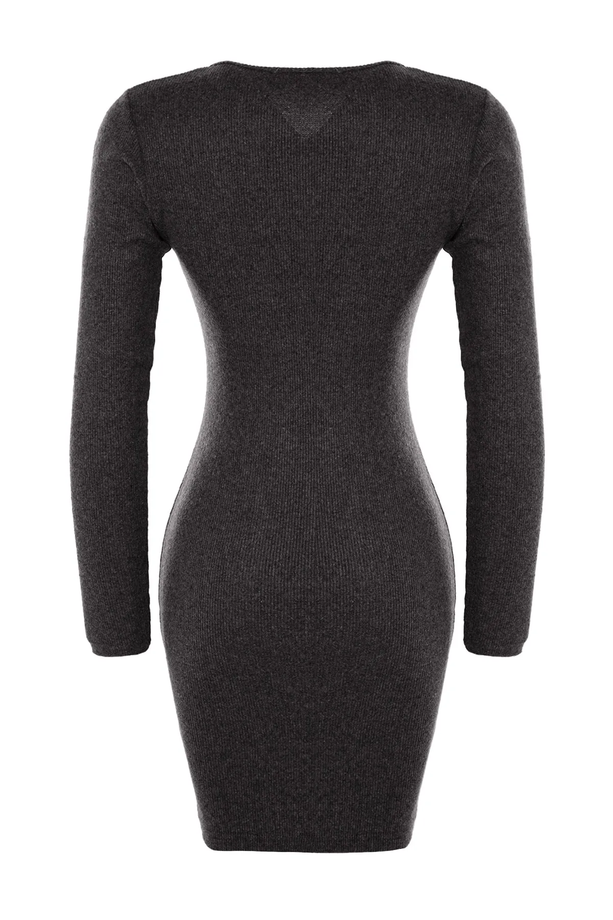 Trendyol Collection  Anthrazitfarbenes, tailliertes, eckiges Kragen-Minikleid aus geripptem, flexiblem Strick mit Druckknopfdetail TWOAW23EL01393