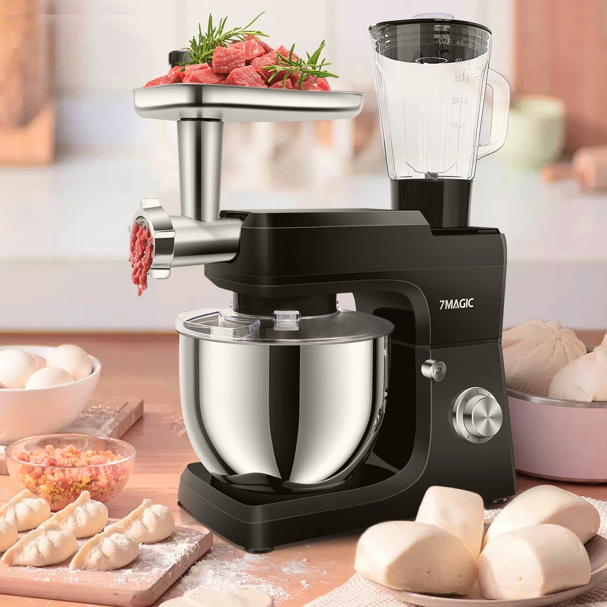 7Magic Küchenmaschine 5 in 1 Multifunktions Standmixer, 1500 W, 7 l Schüssel, 6+0 Geschwindigkeiten und vollem Zubehör