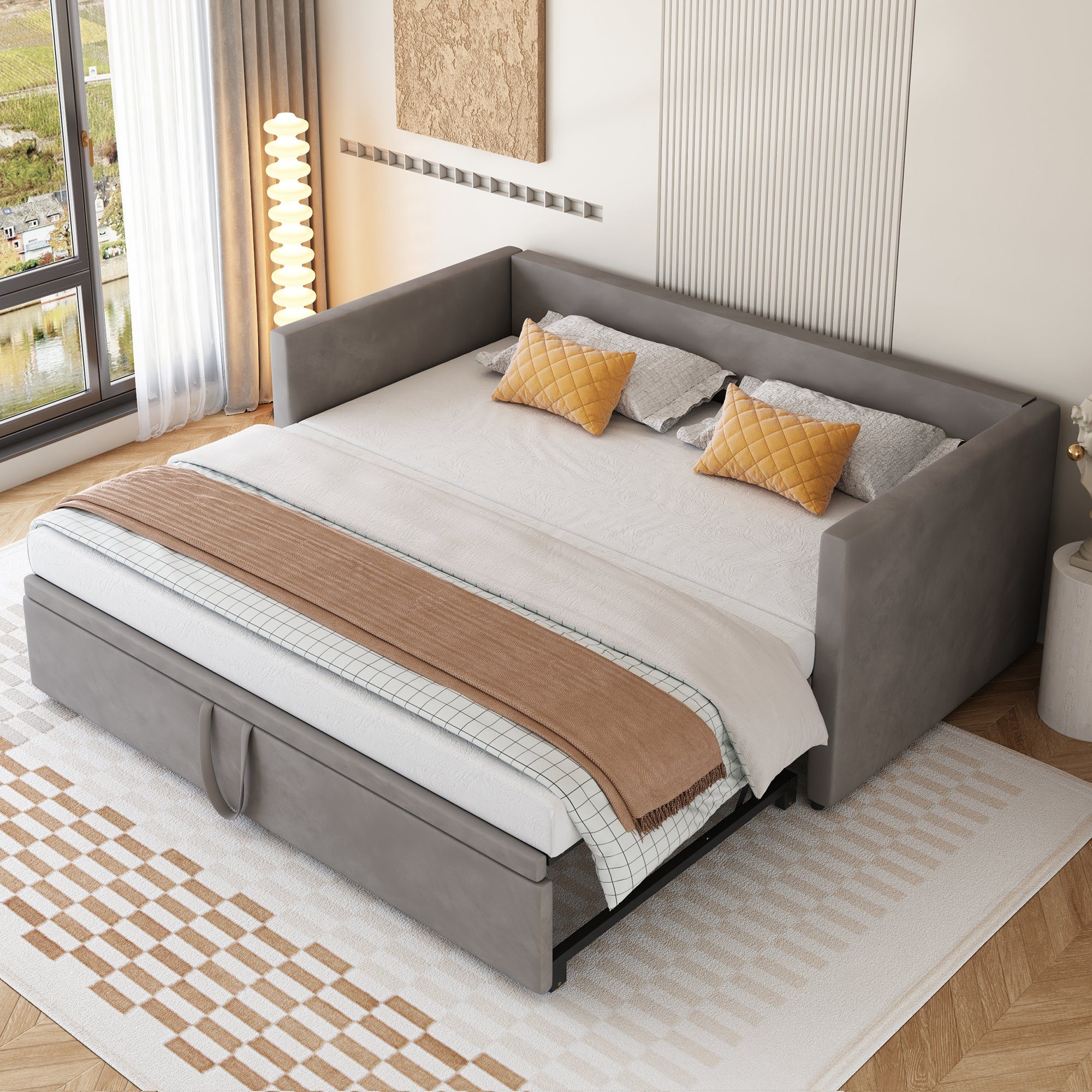 OKWISH Bett Polsterbett Ausziehbares Schlafsofa, 90/180*200 cm (aus hautfreundlichem Samtstoff, mit Lattenrosten), Ohne Matratze