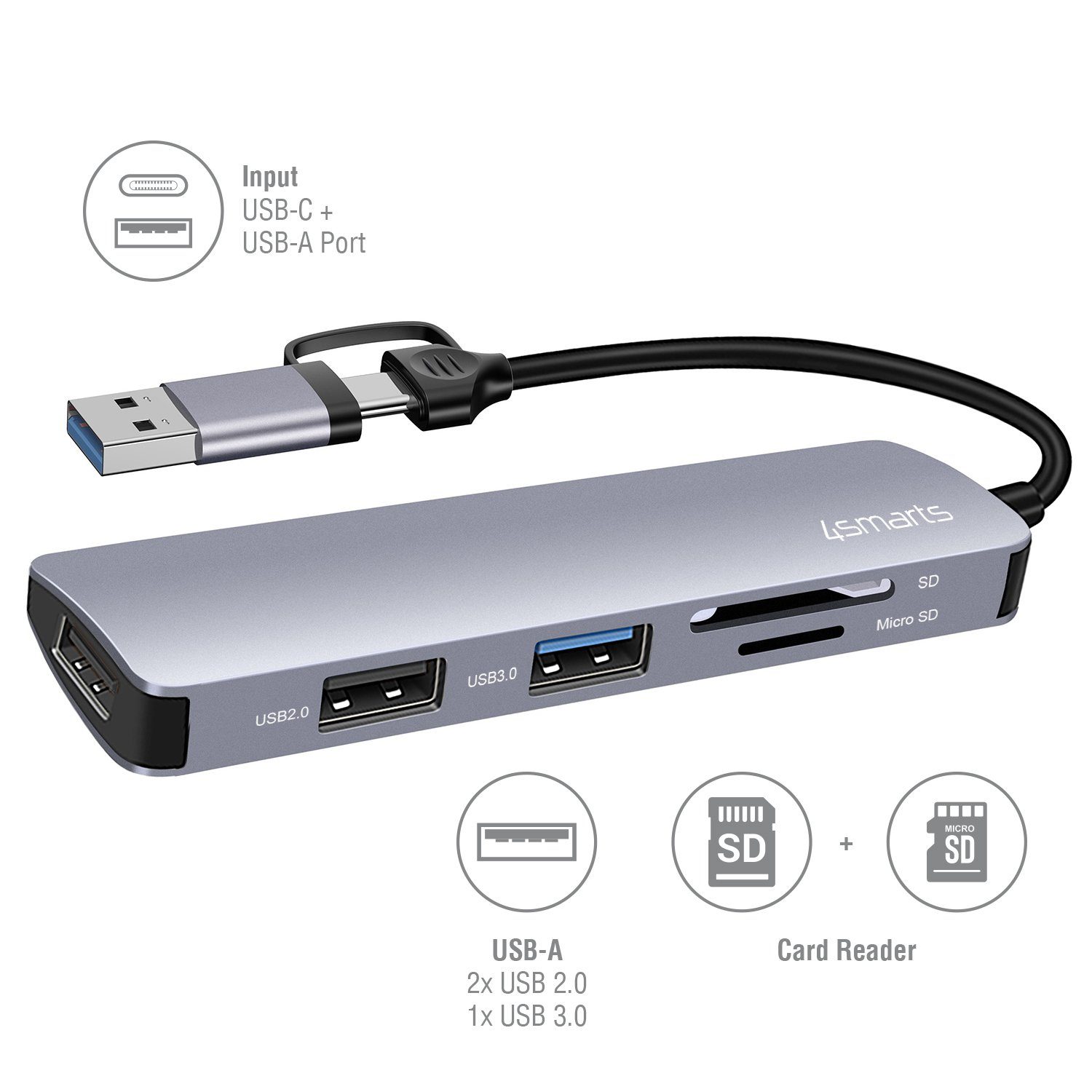 4smarts Laptop-Dockingstation 5 in1 Universal Mulitport USB Hub