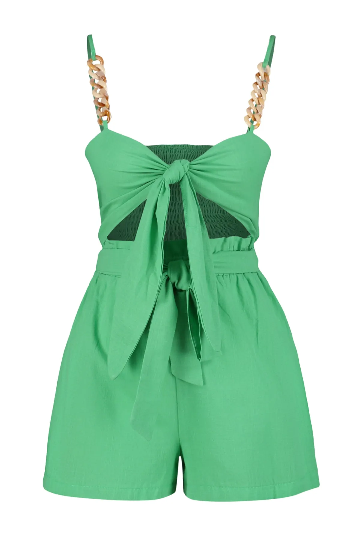 Trendyol Collection  Blusen-Shorts-Set aus 100 % Baumwolle mit gewebten Accessoires in tropischem Grün TBESS23AU00073