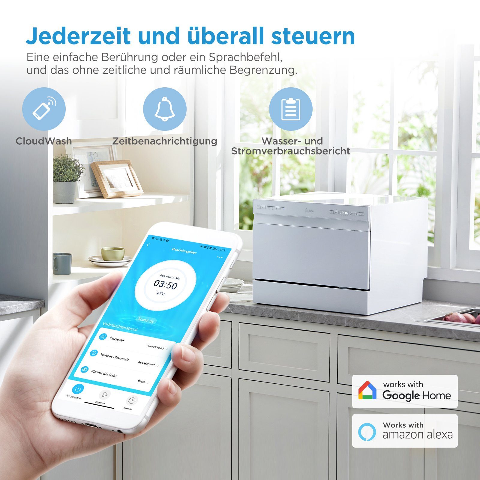 Midea Tischgeschirrspüler Serie 3, ST 3.6F wi, 6 Maßgedecke, 61 kWh/100 Zyklen, 6 Waschprogramme, IOT, Extra Trockungs