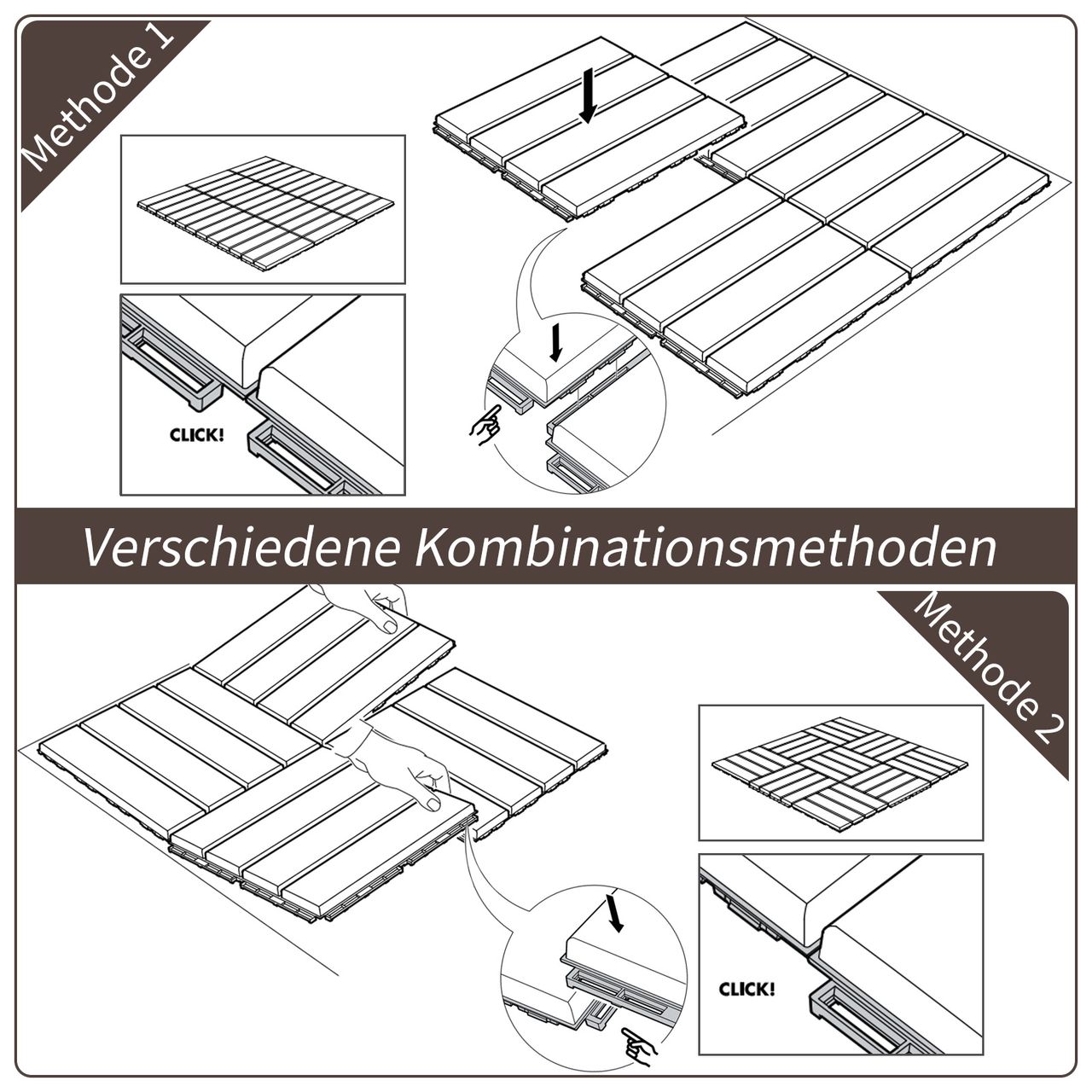 Outsunny 9 er Set Terassenfliesen Balkon Patio 30 x 30 cm Garten-Klickfliese Bodenbelag Bodenfliese Innen Außen Kunststoff Braun