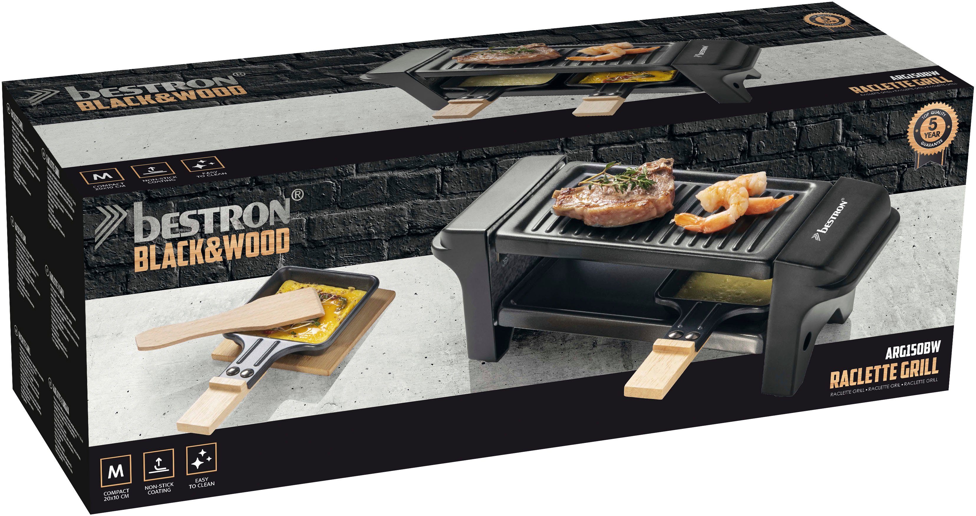 bestron Raclette Mini Tischgrill, 2 Raclettepfännchen, 350 W, für 1 bis 2 Personen, mit zwei Holzschabern & zwei Untersetzern