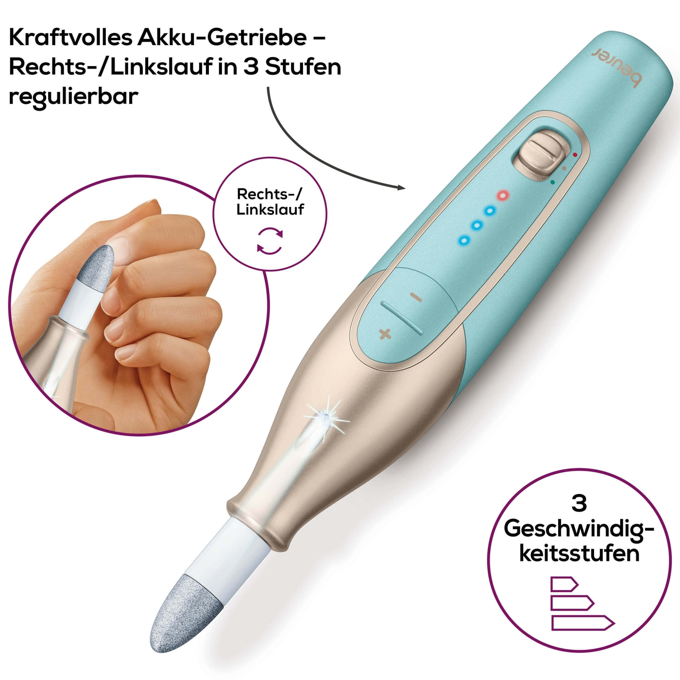 Beurer Wiederaufladbares Maniküre- & Pediküreset MP 84-Kabelloser Nagelfräser für Maniküre & Pediküre mit 10 Saphir- & Filzaufsätzen