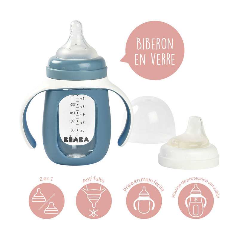 Biberon d'apprentissage 2 en 1 en verre 210 ml bleu Beaba