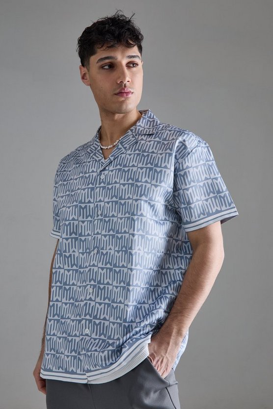 Kurzärmliges Oversize Satin-Hemd mit Monogram