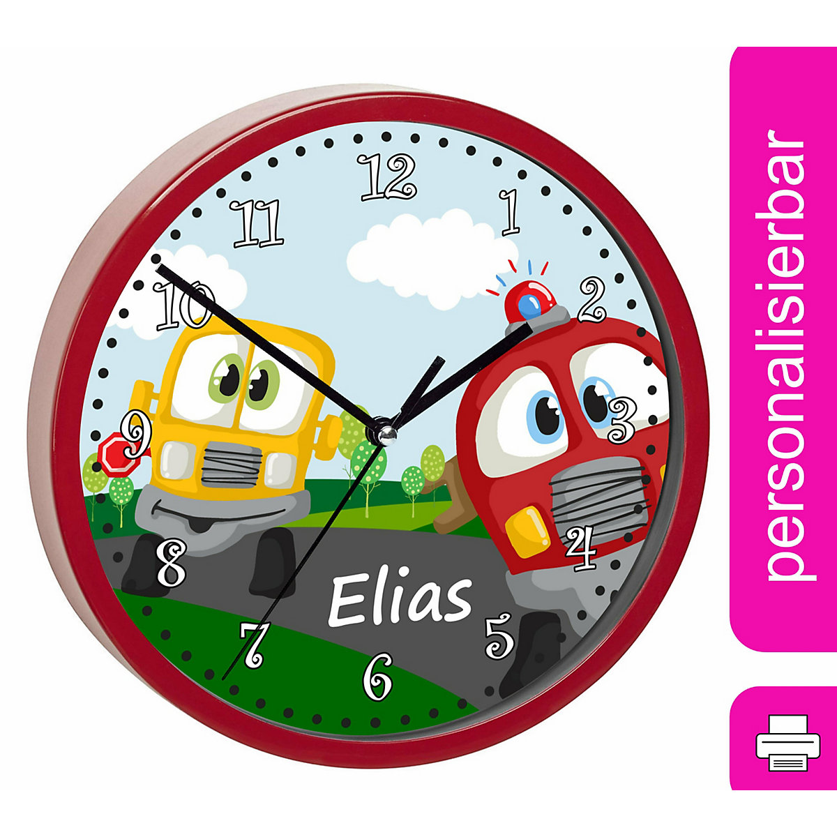 Kinder Wanduhr laufruhig personalisiert mit Name Auto-Cartoon