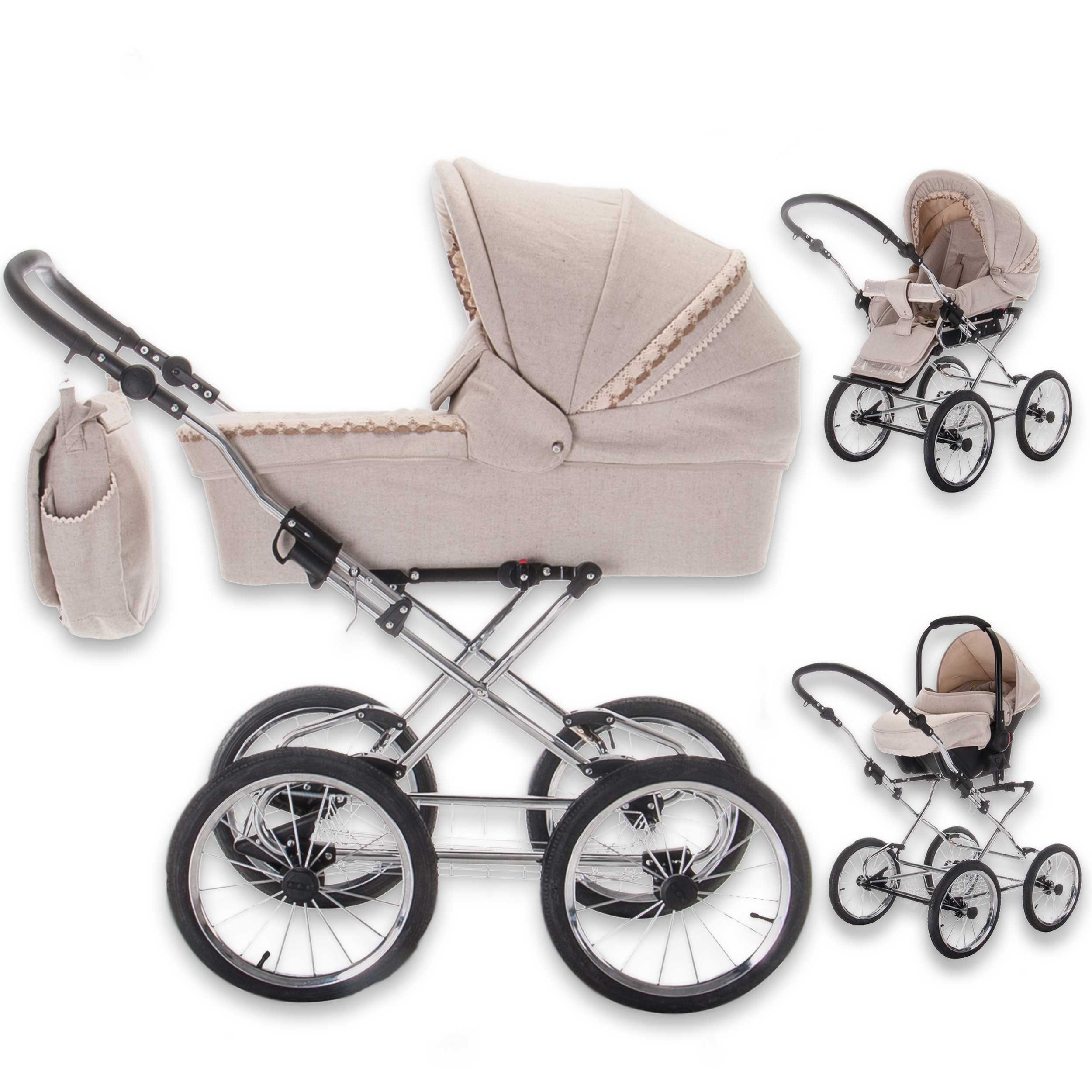 Friedrich Hugo baby's moving art Kombi-Kinderwagen Natureline, 3 in 1, Kombikinderwagen, Federung 4-fach, Liegeposition verstellbar, Kombihaube für Babywanne und Buggy, Fußverdeck, 78 x 37 cm (Länge x Breite), mehrstufig verstellbare Fußstütze, 5-Pun