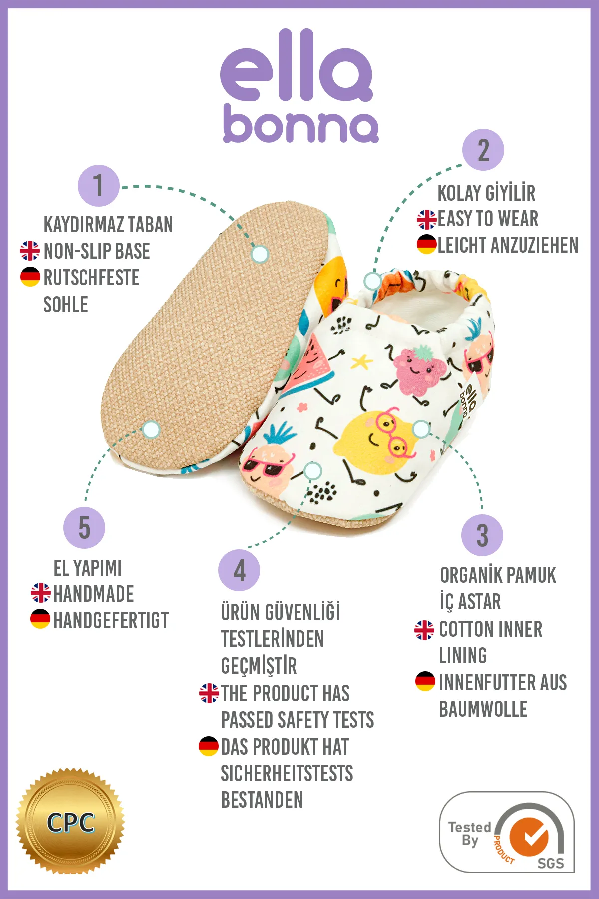 Ella Bonna  Rutschfeste Sohle, fröhliche Früchte, Babyschuhe, Heimstiefel, Hausschuhe, Kinderzimmerschuhe, Hausschuhe