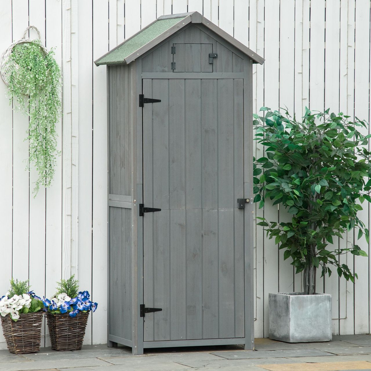 Outsunny Gartenschrank Geräteschuppen mit Fachböden Asphaltdach Holz Grau