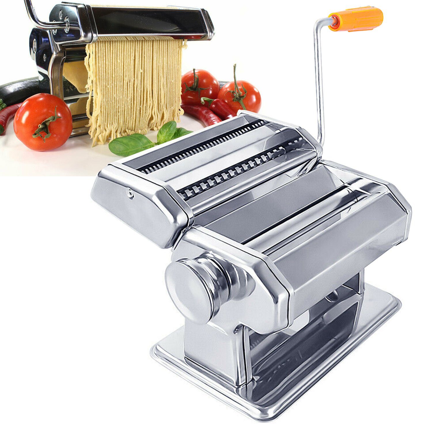 Clanmacy Nudelmaschine Edelstahl Pasta Maker, 7 Einstellbare Dicke, Pastamaschine mit 2 Schneiden, für Spaghetti Lasagne Nudeln